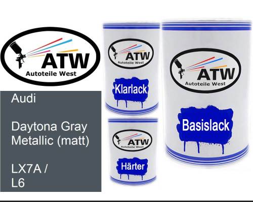 Audi, Daytona Gray Metallic (matt), LX7A / L6: 500ml Lackdose + 500ml Klarlack + 250ml Härter - Set, von ATW Autoteile West.